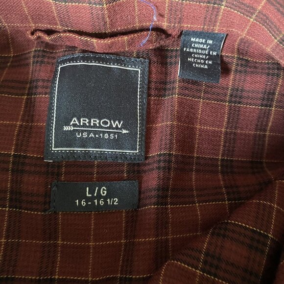 Arrow Men’s Dress Shirt Size Large Button Down Plaid 16-16 1/2 Burgundy - Picture 6 of 7